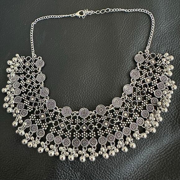 Bollywood Desi Boho Oxidized Filigree Silver Tone Necklace - Picture 5 of 5